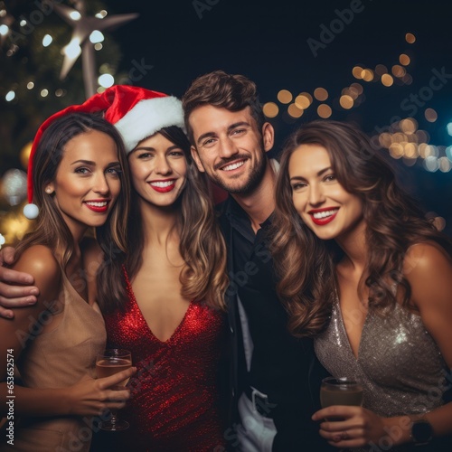 A group of friends celebrating Christmas in a luxury hotel at night.