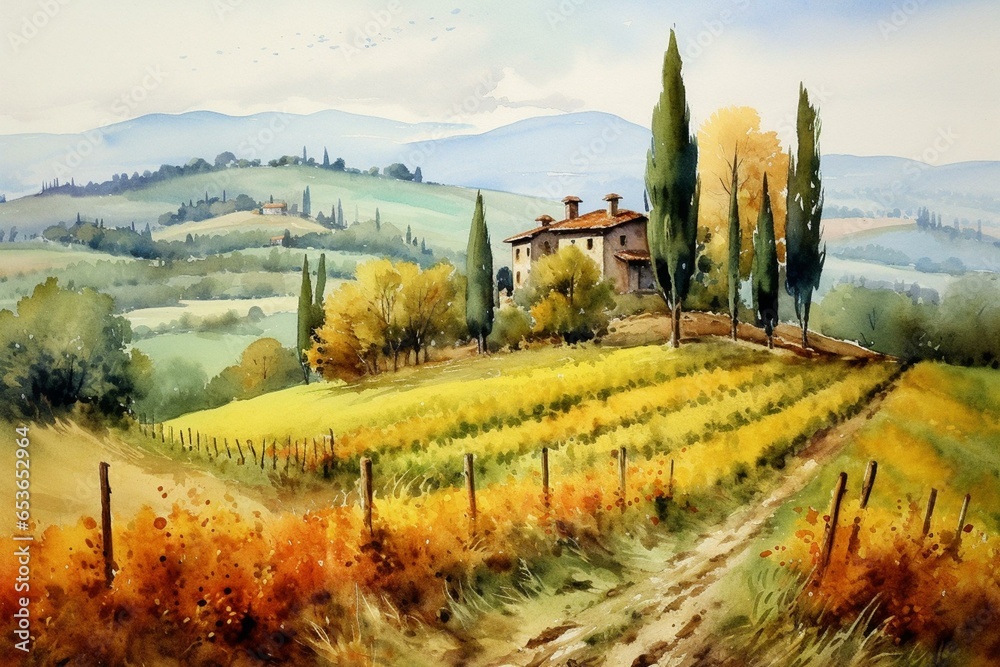 Beautiful watercolor painting of tranquil Tuscany scenery with fields, trees, farm, and mountains. Generative AI