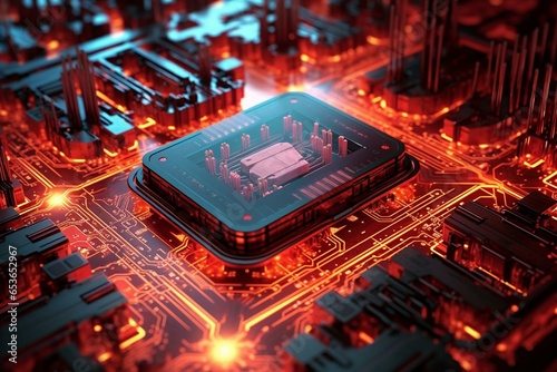 Advanced electronic board with sci-fi aesthetics and vibrant red steel, depicted through 3D rendering. Generative AI