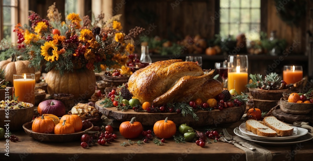 a rustic table spread for Thanksgiving, with a mix of modern and traditional elements - think succulent roasted vegetables, artisanal breads, and a stunning centerpiece made of seasonal fruits and flo