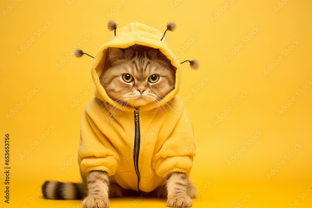 selkirk rex cat wearing a bee costume against a gold background selkirk rex cat wearing a bee costume against a gold background