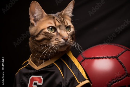 havana brown cat wearing a football jersey against a gold background photo