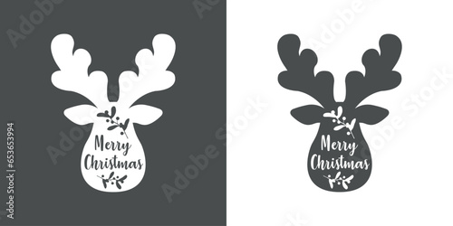 Tiempo de Navidad. Logo con palabras en texto manuscrito Merry Christmas en silueta de cabeza de reno Rudolph para su uso en invitaciones y felicitaciones