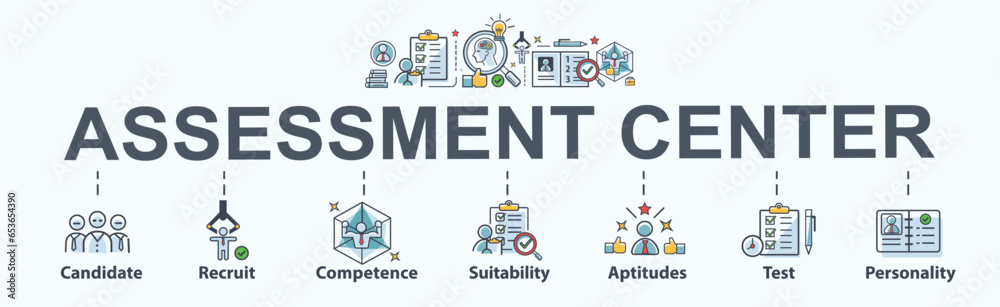Assessment center banner web icon vector for personal audit of human resources and management, candidate, recruit, competence, suitability, aptitudes, test and personality. Modern infographic.