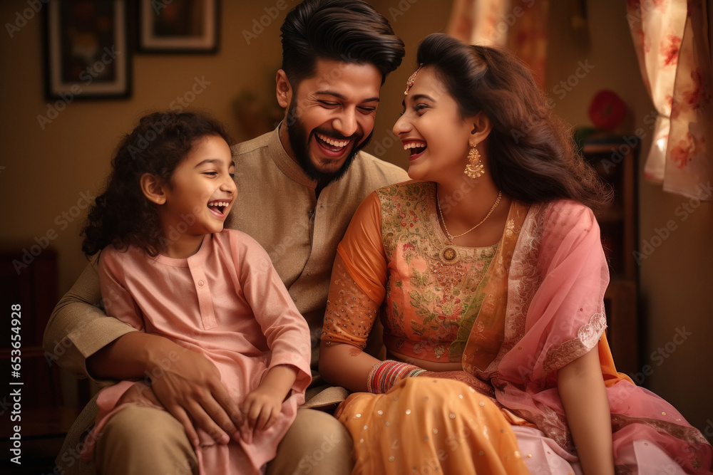 Fototapeta premium Indian family celebrating traditional festival together.