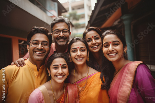 Indian family celebrating traditional festival together.