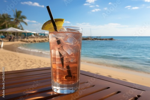 Glass of exotic summer drink - cocktail with ice and straw, blurred beach landscape background
