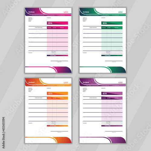 Modern and customizable design for billing or invoice. Elegant and stylish invoice design also easy to edit. Green. orange, purple and violet color deign for stationery also white color background.   