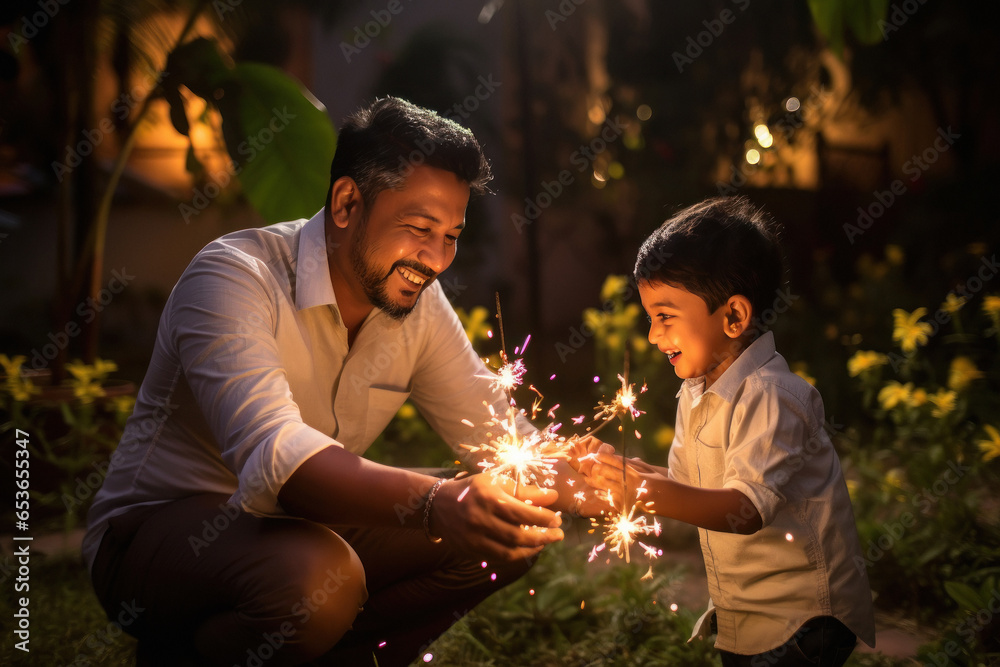 indian man with his son celebrating diwali festival. - obrazy, fototapety, plakaty 
