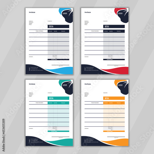 Professional design presentation for office stationery. Invoice design with organic shape and white background. Colorful corporate billing design concept. Editable company finance design concept. 