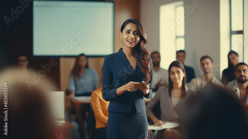 Young indian businesswoman or corporate employee giving speech and explaining strategy in meeting