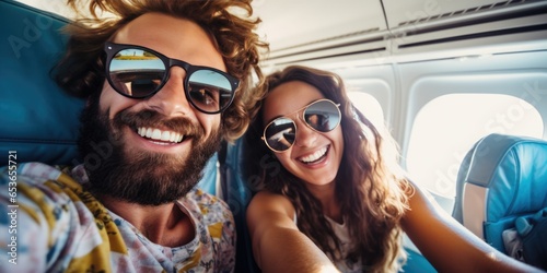 Happy Tourist Taking Selfie Inside Airplane A Cheerful Couple Capturing A Selfie During Their Summer Vacation On An Airplane . Сoncept Capture The Perfect Selfie, Summer Vacations By Airplane