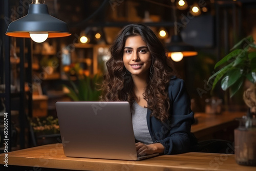 Indian woman working laptop at home