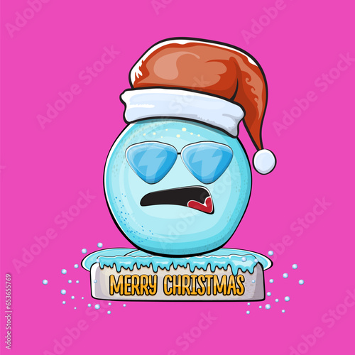 Vector cartoon snowball character with red santa claus hat isolated on pink background. Childrens Merry Christmas greeting card with funny monster snow ball. Cartoon Santa