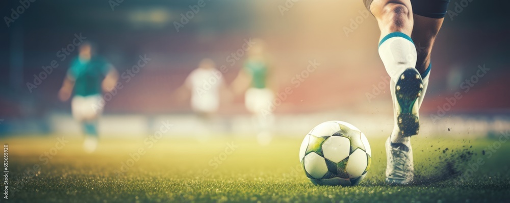 Soccer Players Feet Make Contact With The Ball During Kickoff In The Stadium Marking The Beginning Of The Game . Сoncept The Role Of Feet In Soccer, The Importance Of Kickoff