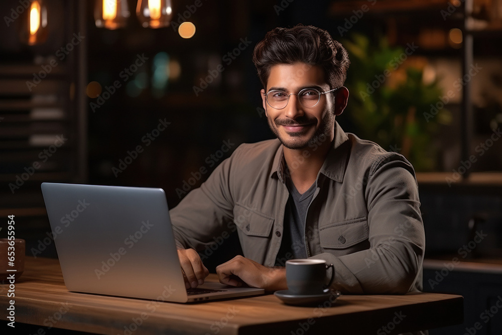 Indian man working on laptop at home. Indian man working on laptop at home.