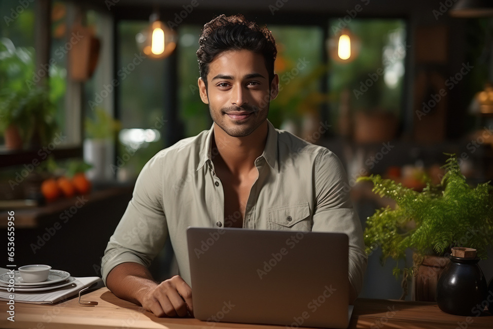 Indian man working on laptop at home.