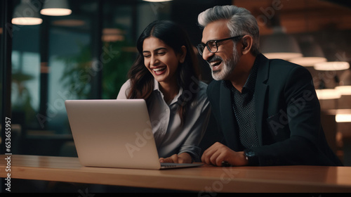 Senior businessman and his female assistant laughing while looking in laptop