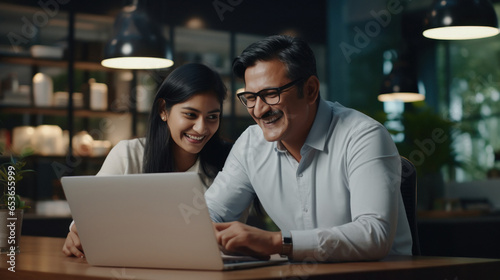 Senior businessman and his female assistant laughing while looking in laptop