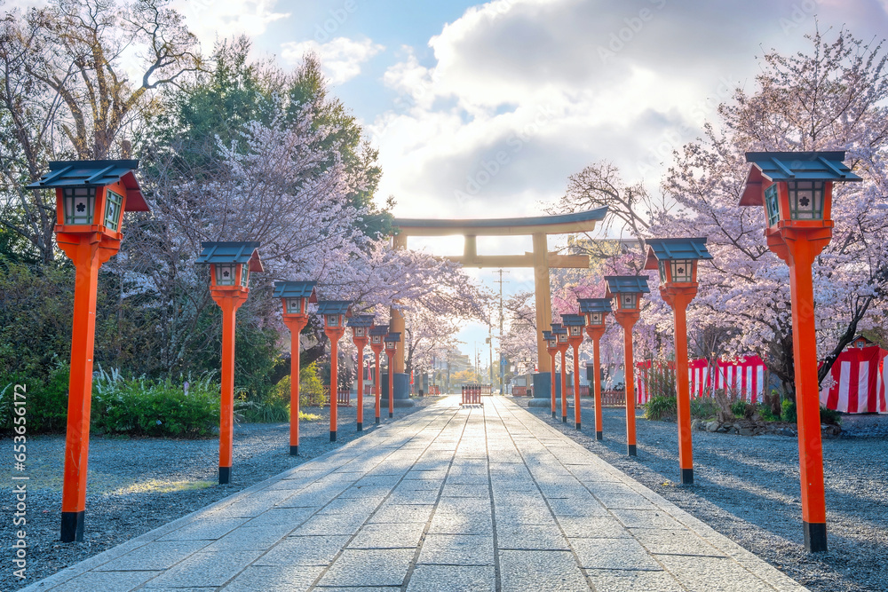 Naklejka premium Kyoto, Japan - March 29 2023: Hirano-jinja is the site of a cherry blossom festival annually since 985 during the reign of Emperor Kazan, and it has become the oldest regularly held festival in Kyoto
