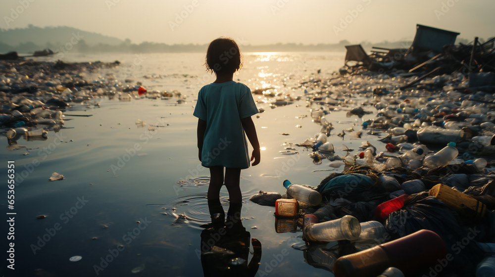 Backside child looking at a lot of plastic waste in the water. Generation AI - obrazy, fototapety, plakaty 