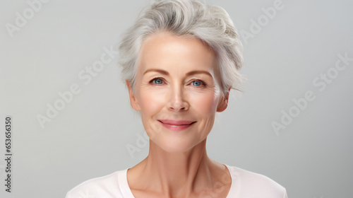 Beautiful mid aged mature woman portrait isolated on white. Mature old lady close up. Healthy face skin care beauty. Generation AI