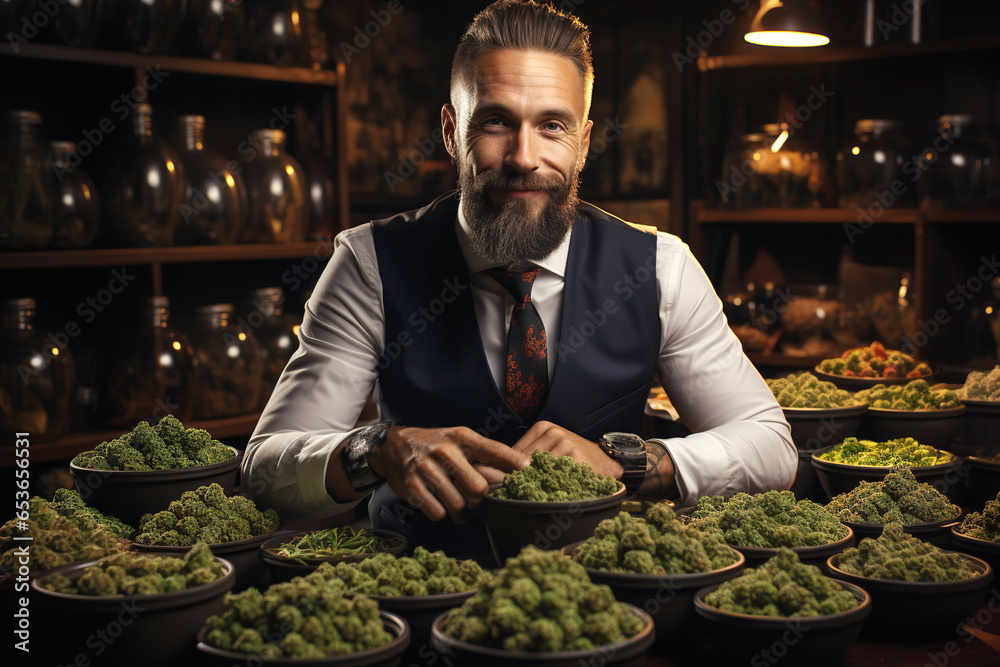 male seller in legal marijuana cannabis store behind the counter male seller in legal marijuana cannabis store behind the counter