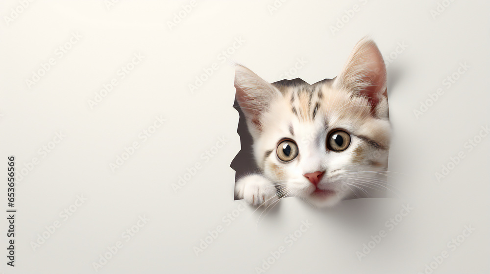 Cute Kitty peeking out of a hole in wall, torn hole, empty copy space frame, mockup. Generation AI