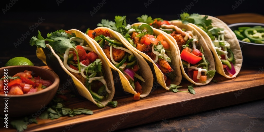 Vegan Tacos With Vegetables Presented On A Wooden Board Highlighting Plantbased And Vegetarian Meal Options . Сoncept Vegan Taco Recipes, Vegetable Fillings For Tacos - obrazy, fototapety, plakaty 