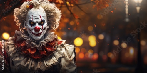 Twisted Circus A Sinister Male Ghost Clown In A Halloween Fall Setting Evoking A Sense Of Spookiness And Suspense . Сoncept Preparing For Halloween A Spooky Story, The Twisted Circus A Sinister Clown © Ян Заболотний