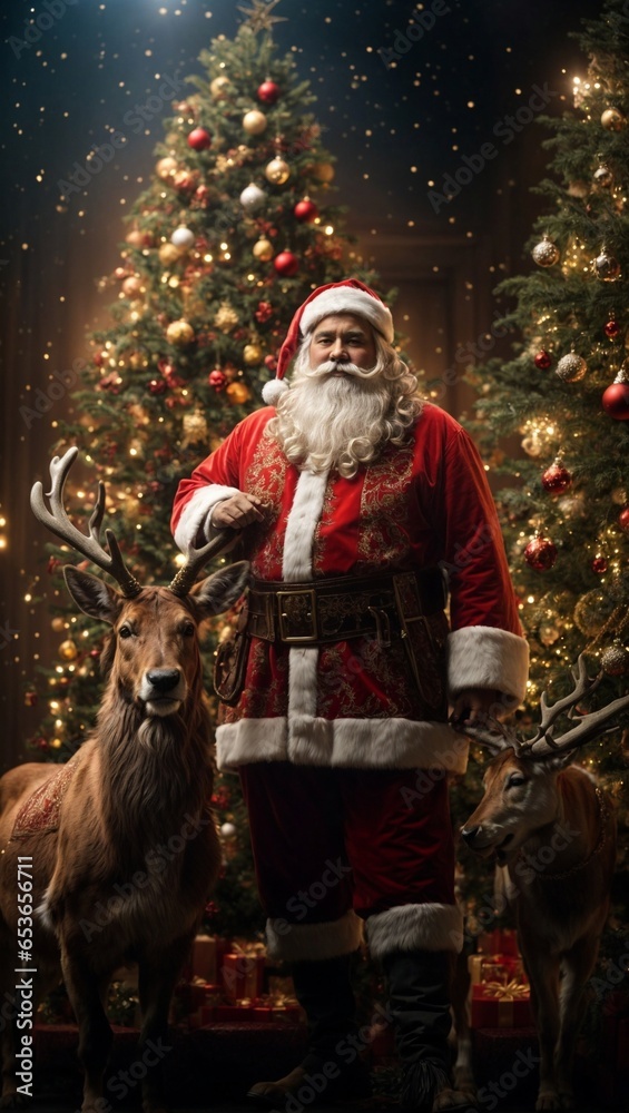 Yuletide Harmony: Santa and Reindeer Under the Christmas Boughs