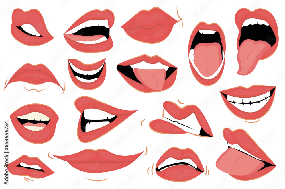 Emotions set in cartoon design. This collection illustrates several attractive lips that show different emotions: anger, joy, passion, and more. Vector illustration. Emotions set in cartoon design. This collection illustrates several attractive lips that show different emotions: anger, joy, passion, and more. Vector illustration.