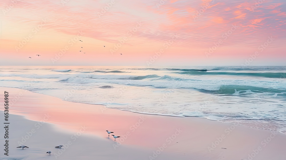 Dawn's Serenity: A Beachscape in Pastel Harmony. Generative AI 11