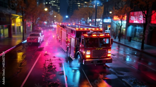 Firefighter truck in action driving through the burning forest and city in the night with fog effect