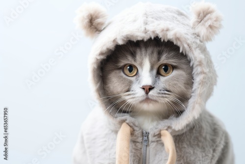 australian mist cat wearing a teddy bear costume against a minimalist or empty room background photo