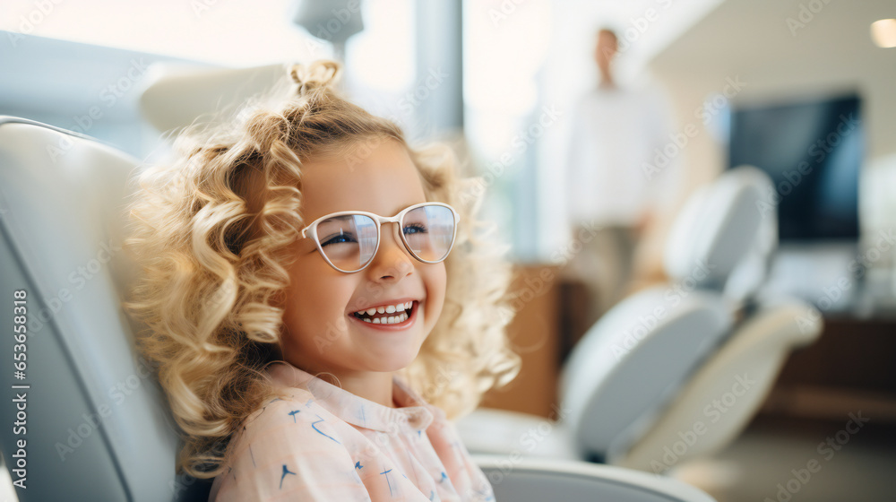 happy smiling little girl sitting in the dentists office, Dentist examining little girl's teeth in clinic, dental treatment concept. Generation AI - obrazy, fototapety, plakaty 