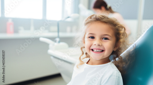 happy smiling little girl sitting in the dentists office, Dentist examining little girl's teeth in clinic, dental treatment concept. Generation AI