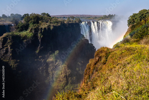 Wide angle shot of the Victoria falls in Zimbabwe.