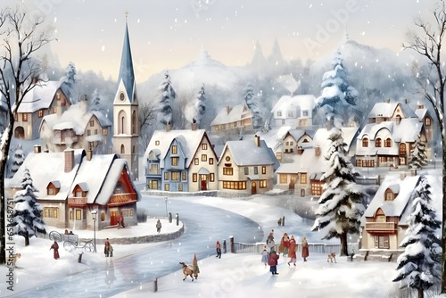 watercolor Christmas village with people, snow, and Christmas tree. generative ai