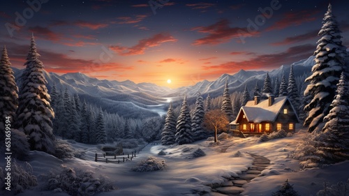 Winter Christmas mountain landscape with house © Irfan Hameed