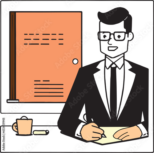 man in office, businessman is writing in the office illustration.