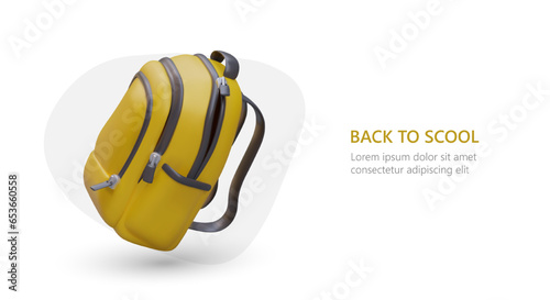 Back to school. Realistic yellow school backpack. Poster on white background, place for text. Vector advertising of store of school supplies, stationery, bags