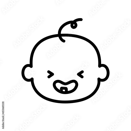 Face of happy boy or girl emoji. Kids concept, first tooth. Cute baby with one tooth. Line icon of baby. Vector illustration in doodle style