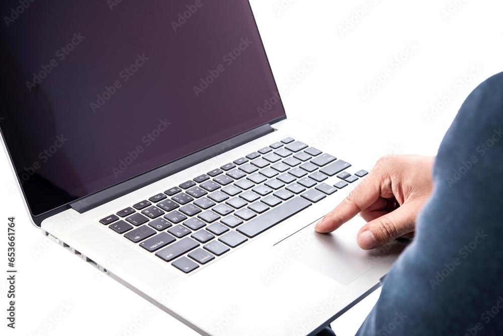 businessman using a personal computer or laptop device on transparent background