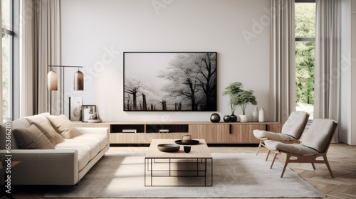 Scandinavian design with a modern twist: A two-seater sofa, abstract monochrome artwork. Wooden elements and a soft shaggy rug. Spacious feel emphasized by large, unobstructed windows © GustavsMD