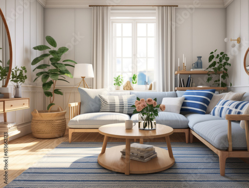 Timeless Scandinavian living room  Classic blue and white theme  paired with earthy wooden tones. A striped rug complements a blue upholstered sofa  and white cabinetry.