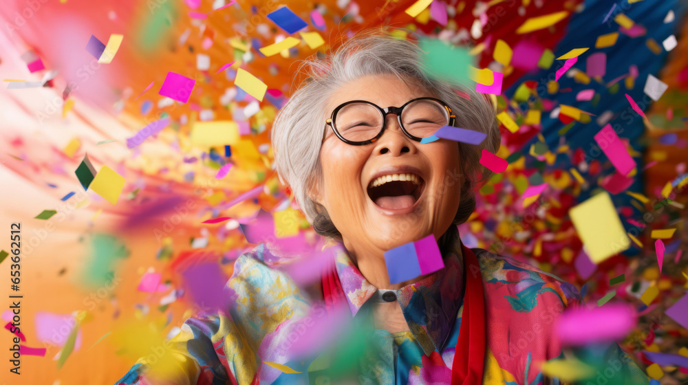 Happy laughing woman with falling confetti. Birthday, New Year, fun celebration party Happy laughing woman with falling confetti. Birthday, New Year, fun celebration party