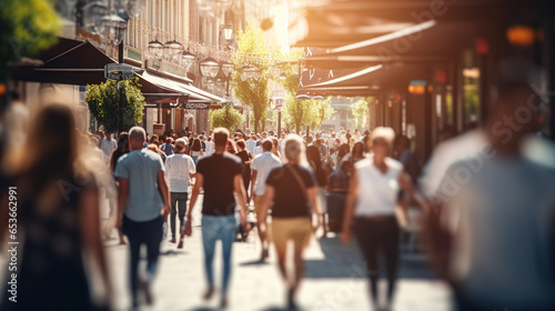 Busy street scene with crowds of people walking in the city, shopping,tourism,business people on a sunny day, blurred bokeh background crowded photo