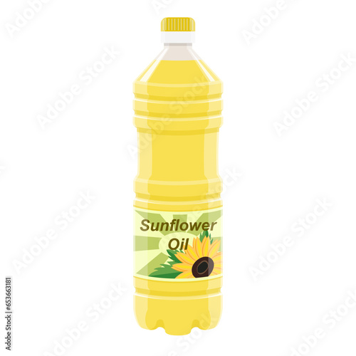 Sunflower oil isolated on white. Plastic bottle with flower picture and text on label, realistic style. Vector picture for vegetable oil, cooking ingredient, organic product template, brand design.
