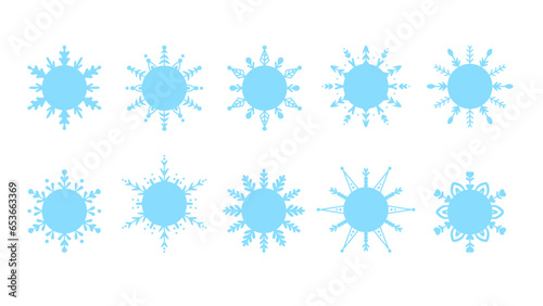 Blue snowflake frames set. Elegant line borders collection for winter design. Ornate snowflakes shapes for greeting card, poster, invitation.